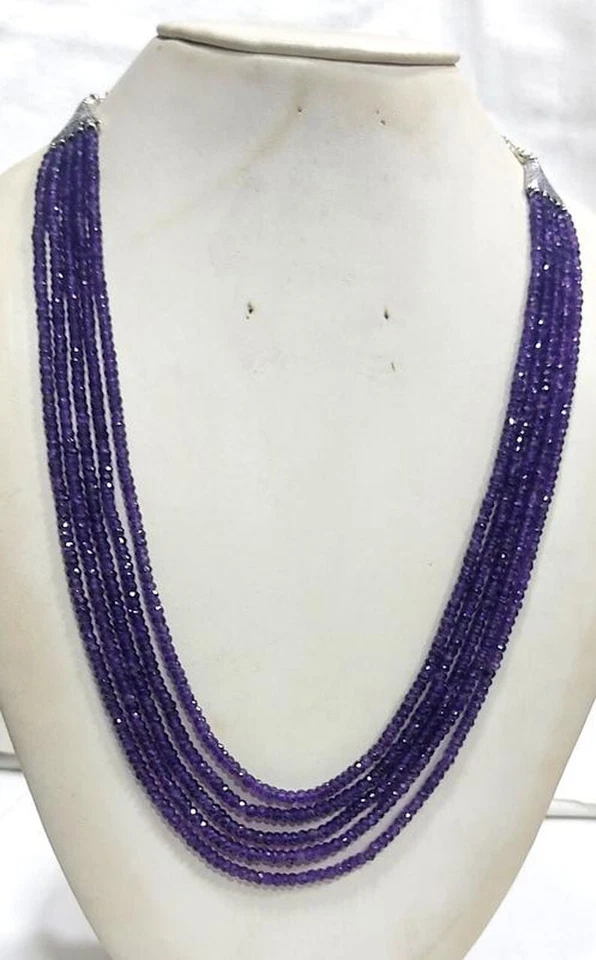 Natural 3-4MM Amethyst 5 Strand Faceted  Rondelle Gemstone Beaded Necklaces 18'' - Image 4 of 4