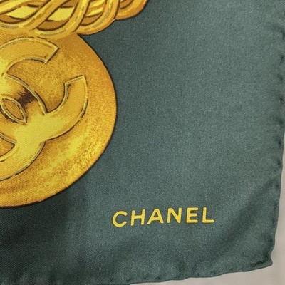 CHANEL Chain pattern 100% Silk Scarf Deep green X Gold about 37.79