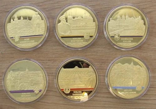 6 medals Cu gold plated with color print German castles and fortresses