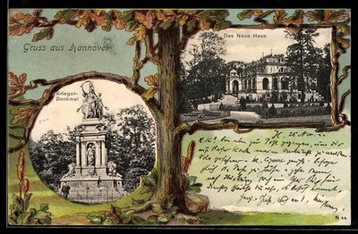 Passepartout-AK Hannover, Krieger-Denkmal & das Neue Haus im Baum 1900 
