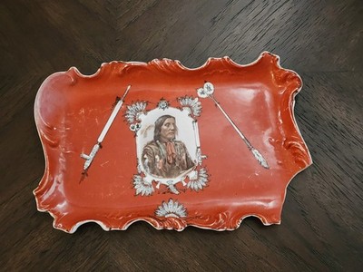 Antique Native American Indian Chief Royal Saxe Germany Porcelain Trey - Chipped