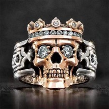 Gothic Skull Crown Pattern Ring for Men Cz Zircon Punk Skull King Silver Plate P