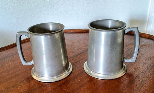 Vintage Set of 2 Leonard Eales of Sheffield Glass-Bottom English Pewter Tankards