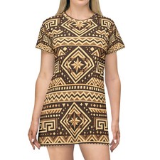 Tribal Geometric Pattern T-Shirt Dress | Brown Aztec Motif