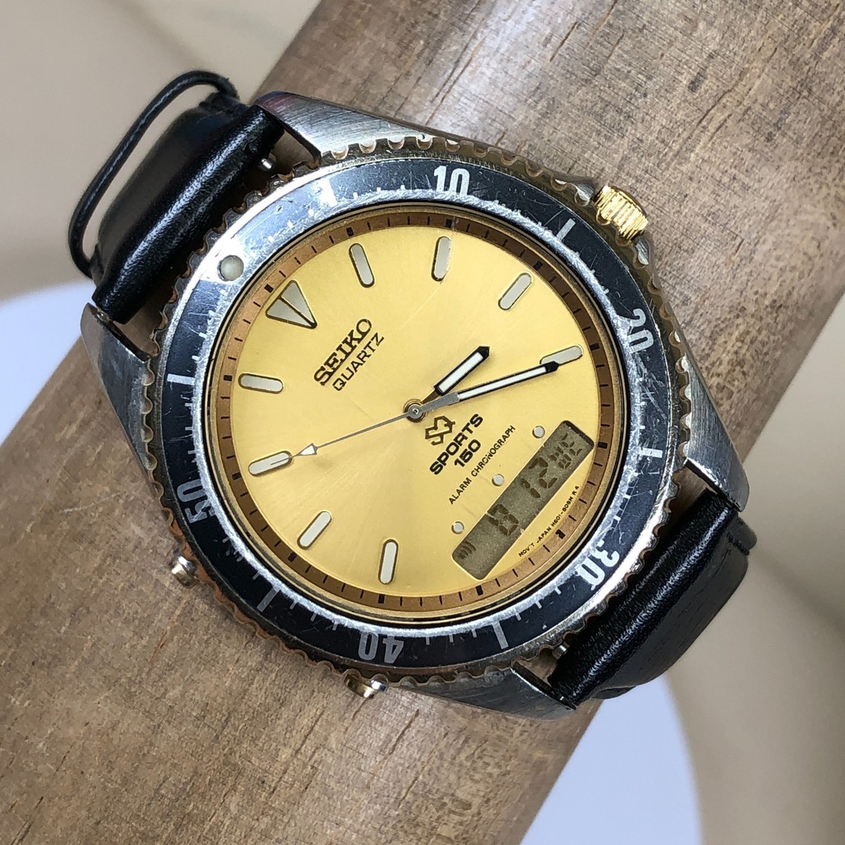 Vtg Seiko SQ Men H601-8089 Alarm Leather Quartz Analog Digital