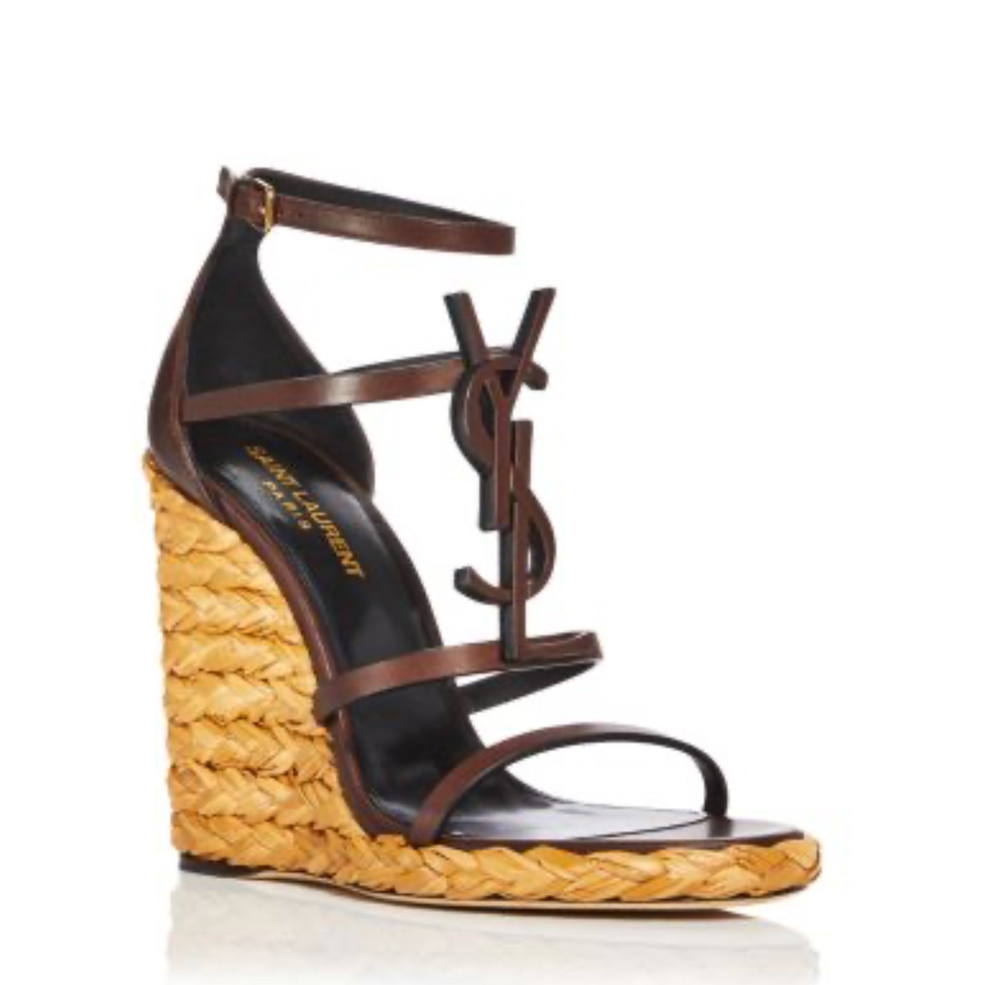 Sandali donna Saint Laurent Cassandra YSL logo zeppa Made in Italy marrone 37