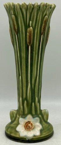 Antique Weller Pottery Ardsley Bud Vase, Cattails, Flowers