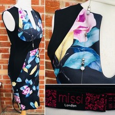 MISSI LONDON Size 14 Black Floral Dress Summer Holiday Stretch Excellent S6