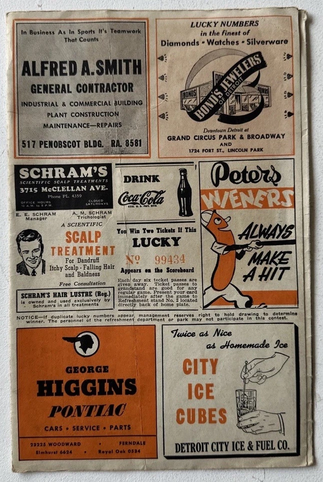 1947 Official DETROIT TIGERS SCORE CARD-BRIGGS STADIUM -RARE! - Image 2 of 4
