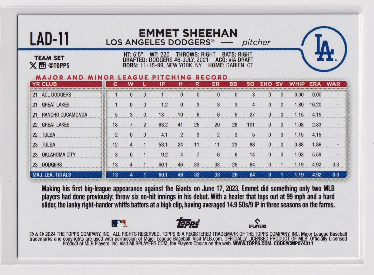 EMMET SHEEHAN RC Team Set Variation 2024 Topps LAD-11 Los Angeles 