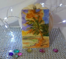 ORIGINAL ART ATC ACEO SEASCAPE OCEAN BEACH PALM COLORFUL SKY USA BY SUE FURROW