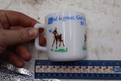 Vintage Hazel Atlas Milk Glass Child's Prayer Mug God Is Great Deer & Bluebird