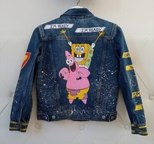 Boys Denim Jacket L Hand Painted Sponge Bob Gap Dark Wash New