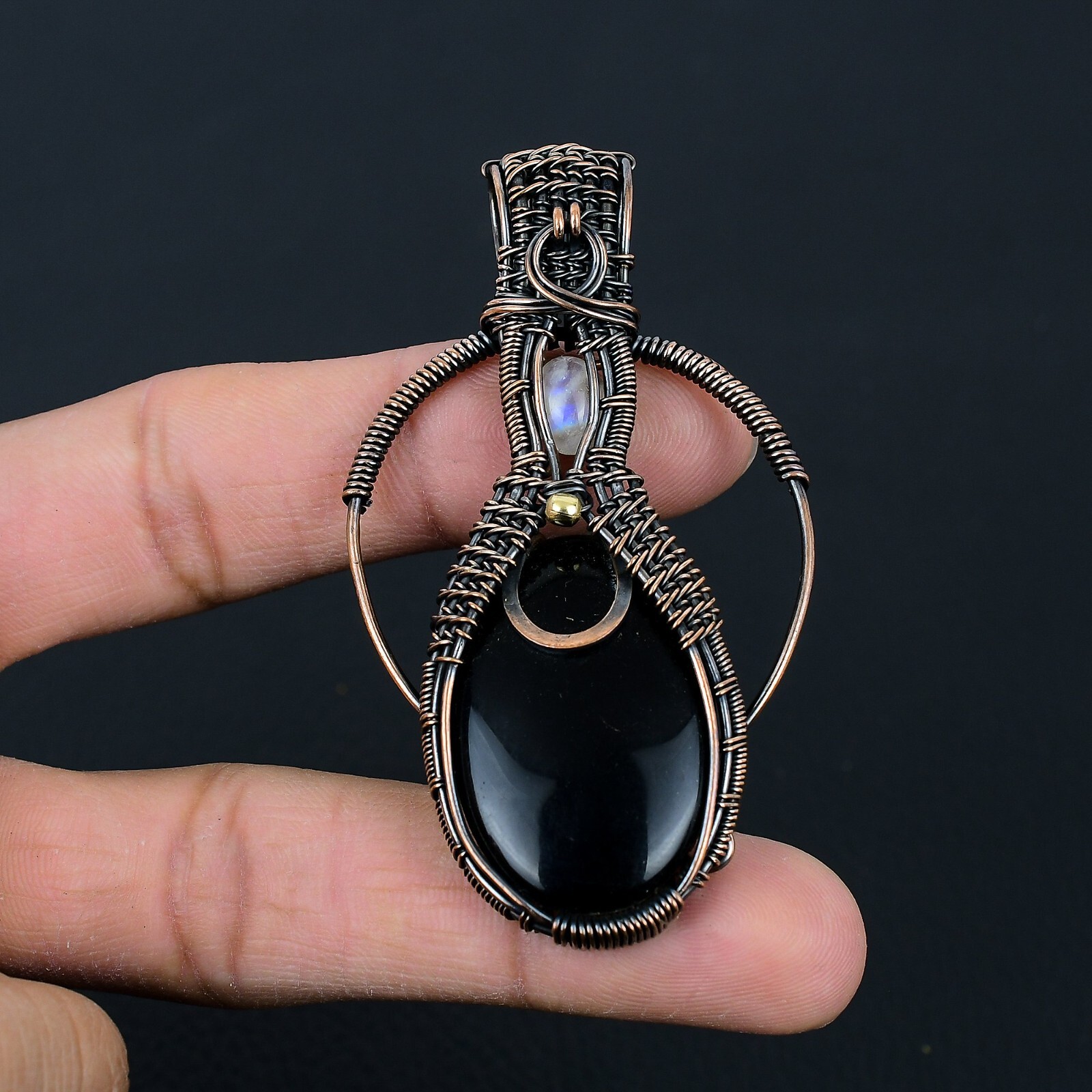Black Onyx Moonstone Handmade Copper Wire Wrap Love Pendant Jewelry