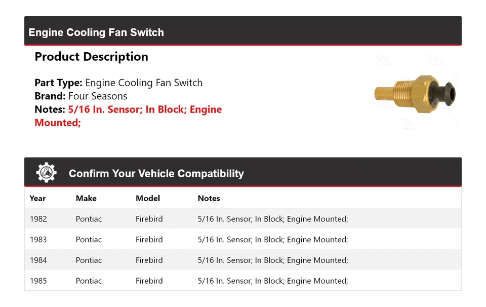 Interruptor ventilador refrigeración motor Pontiac Firebird 1982-1985 4 estaciones 1983 1984 Foto 2 de 4