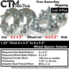 4x 1.25" Thick 6x5.5(6x139.7mm) Wheel Spacer Adapter 14x1.5 Stud Fit 12x1.5 Cars