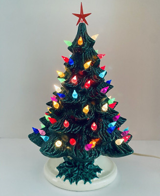 Vintage Ceramic Lighted Christmas Tree 1970s Nowell Mold 16'' Holly Base Signed