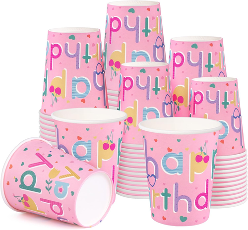 50 Pcs 9 Oz Happy Birthday Paper Cups, Hot/Cold Beverage Drinking Cups