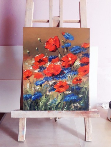 Original Oil Painting of Red Poppies and Blue Cornflowers Flowers for Home Decor - Picture 9 of 10