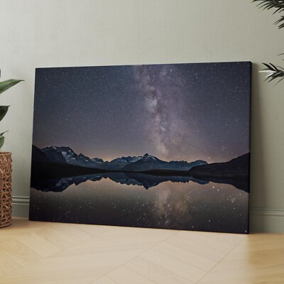 Milky Way Over Mountains And Lake Outer Space Landscape Canvas Print Wall Art