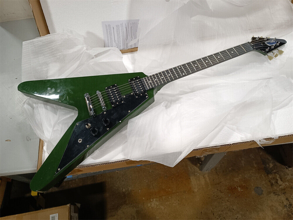 Custom Army Green Flying V Electric Guitar Mahogany Body Chrome Part Open Box