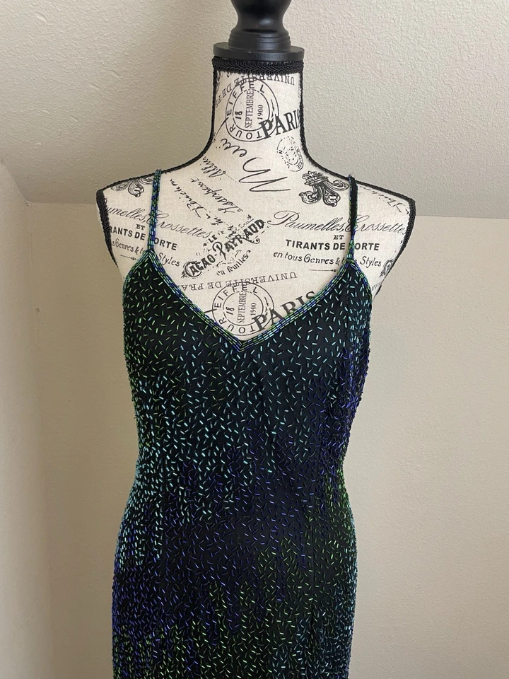 Laurence Kazar Beaded Silk Evening Gown Black Green Blue Ombré Formal prom Dress - Image 2 of 4