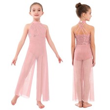 Kids Lyrical Ballet Dance Jumpsuit Sequins Ruched Sleeveless Wide-Leg Leotard