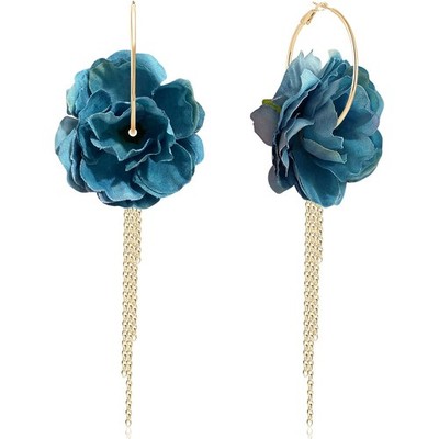 Bohemian Vacation Fabric Flower Gold Tassel Lightweight Clip Earrings Handm - 05