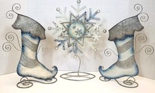 Christmas Winter Metal 2 Stockings 1 Snowflake Sculpture Decor Light Blue Silver