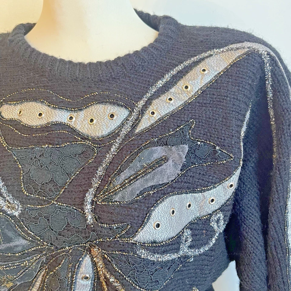 Suéter vintage anos 80 Carducci enfeitado mistura de lã renda prata metálica médio - Imagem 2 de 4