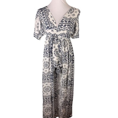 L'atiste by Amy Women's Small Paisley Maxi Romper Dress White Blue Boho
