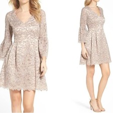 Eliza J Women's Lace Fit and Flare Tan Gray Bell Sleeve Dress Size 18 NWT/NEW