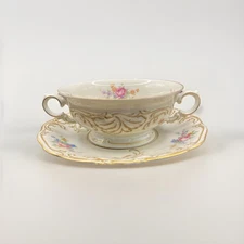 KPM Royal Ivory Renaissance Cream Soup Bowl & Saucer 2 HandledFloral Gold Poland