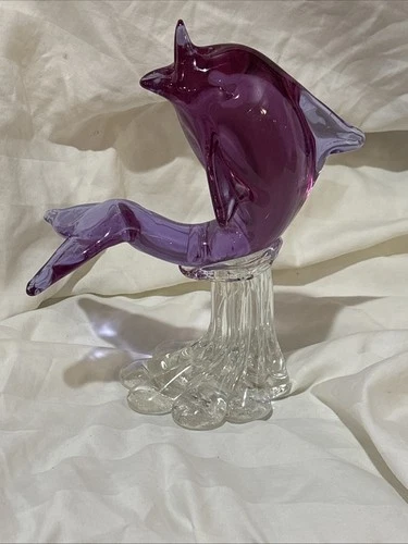 Vintage Murano Style Art Glass Dolphin Wave Figurine Purple Hand Blown