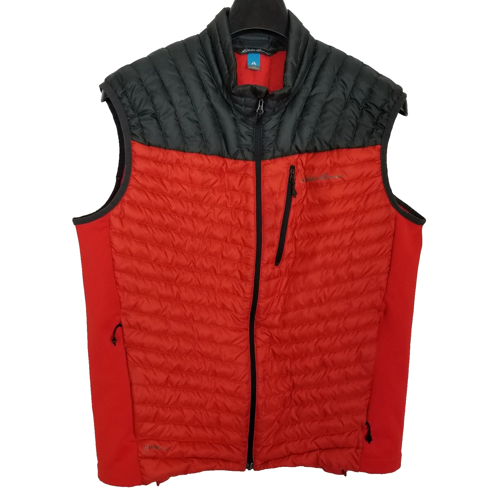 Eddie Bauer Men's Puffer Vest Sz L MicroTherm 2.0 StormDown 800 Red Black Zip Up