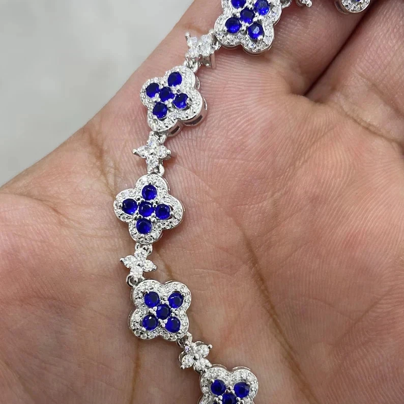 Brazalete tenis mujer zafiro simulado corte redondo 6 quilates chapado en oro blanco 14k Foto 3 de 4