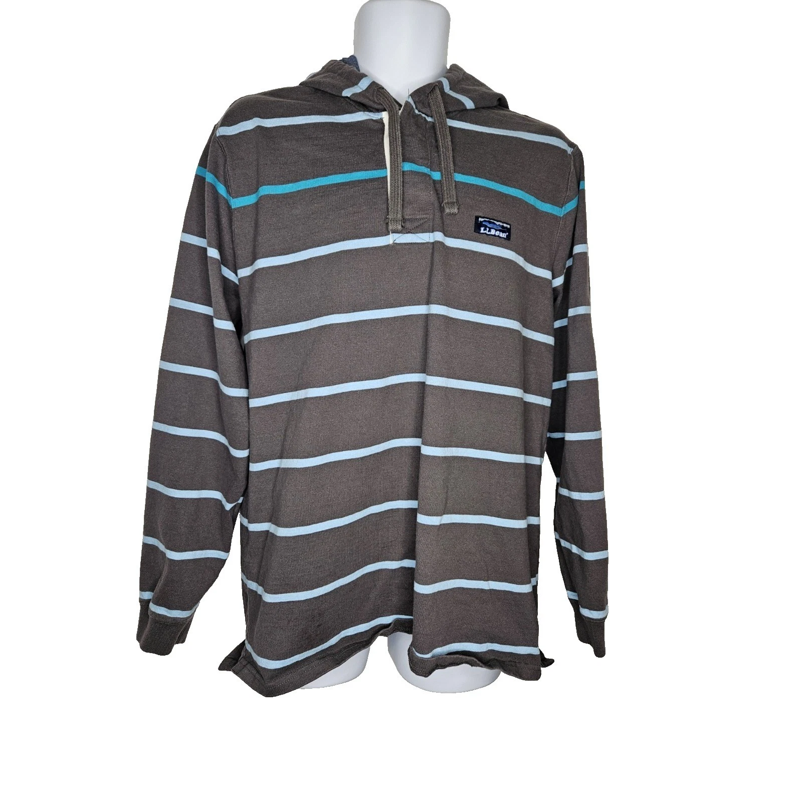 L.L.Bean Men's Medium Hoodie Brown Blue Stripe 100% Cotton Pullover Traditional