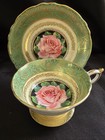  Green Paragon Tea Cup Saucer Floating Pink Rose on Black Gold Gilt Vintage Eng. — photo 1