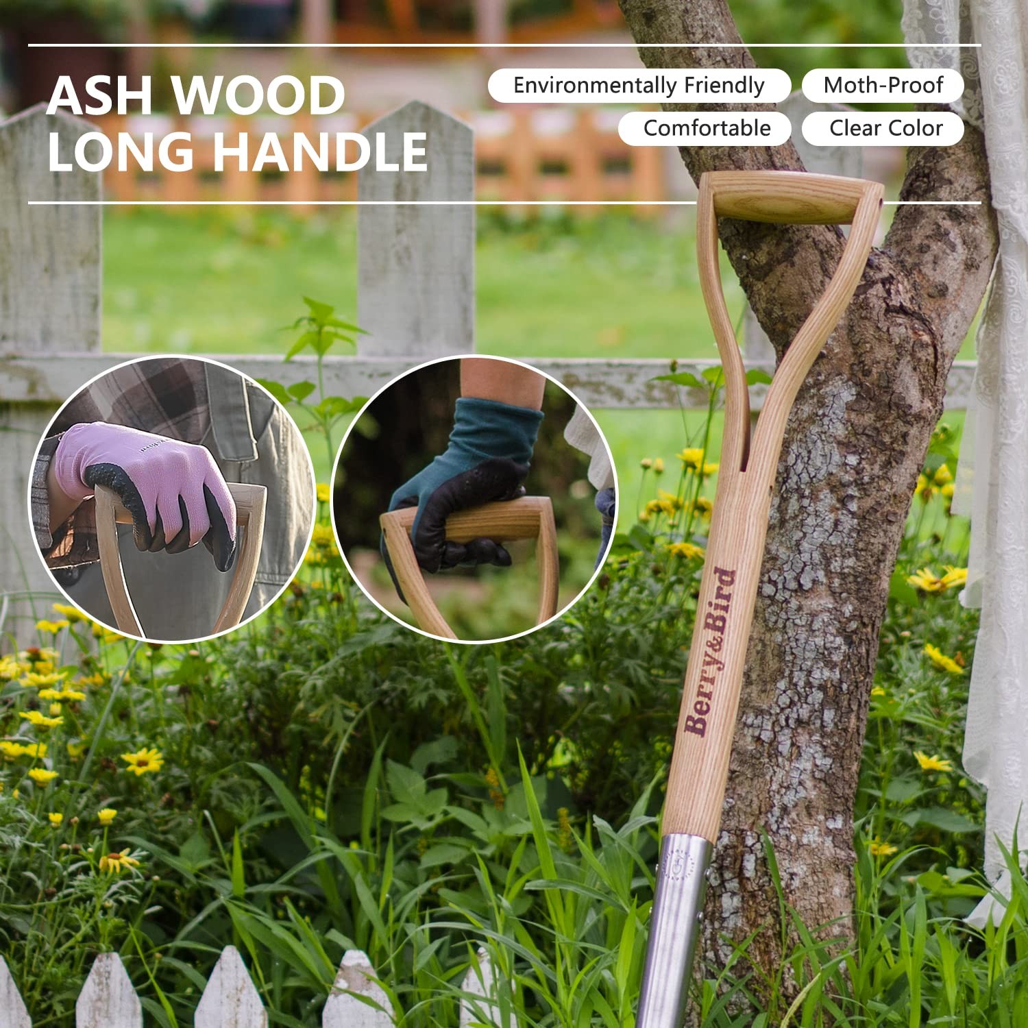 Berry&Bird Round Point Gardening Shovel with Wood D-Handle, 40.98" Stainless ...