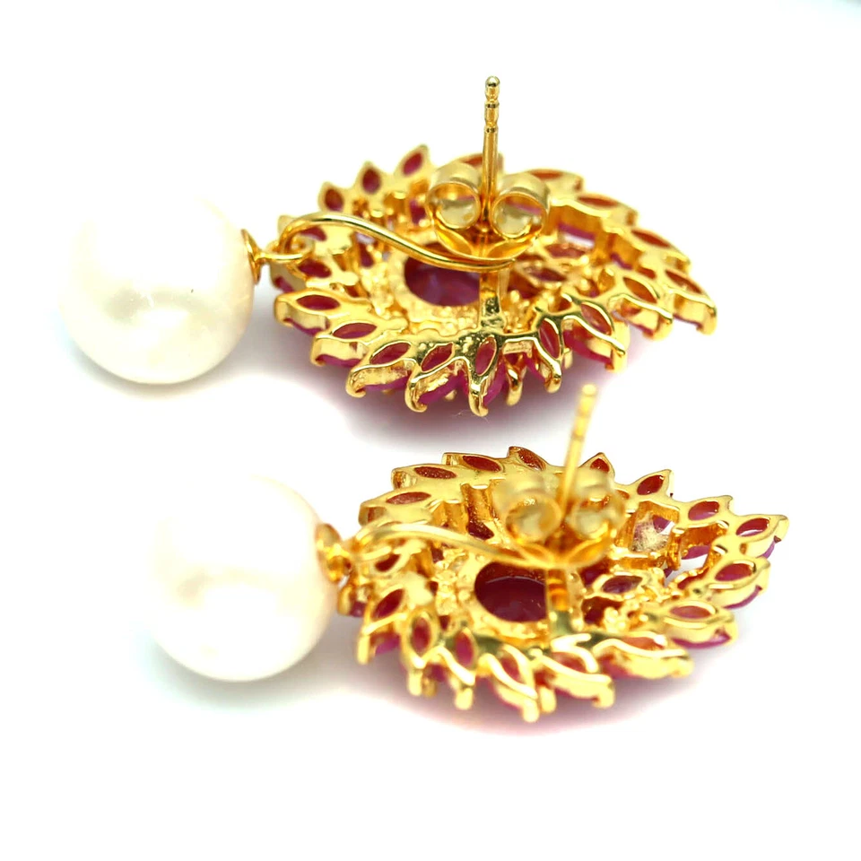 10 MM. White Pearl & Red Ruby Earrings 925 Sterling Silver 18K Gold Plated - Image 3 of 4
