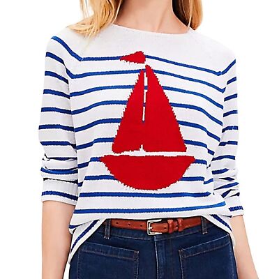 LOFT lighter weight blue and white striped rolled hem sailing ship sweater M