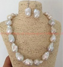 Huge Natural 15x20mm White Freshwater Baroque Pearl Necklace Earrings Set 18''