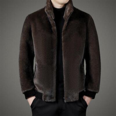 Mens Stand Collar Zip Up Short Coats Faux Fur Jackets Outwear