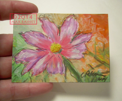 Original ACEO Miniature PAINTING Signed Fine Art C Peterson PINK COSMOS IN SUN