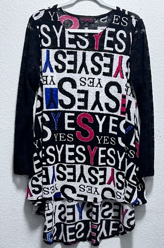 NWOT ~ MISHCA ~ YES Pattern Sheer Knit Tunic Top w/ Black Lace Sleeves ~ Sz LG