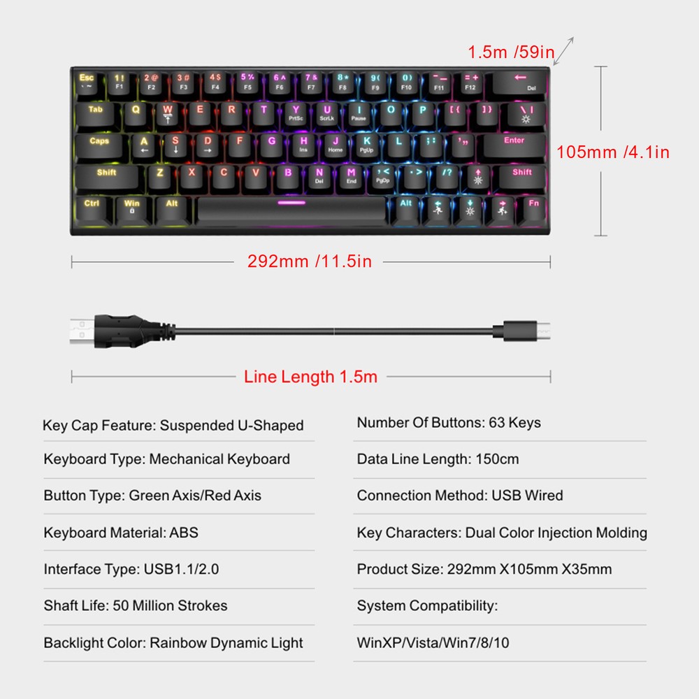 Mechanical Wired Gaming Keyboard with Colorful Backlit Illumination H1W6