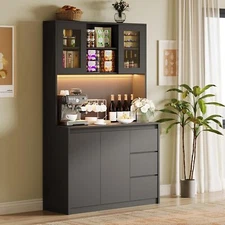 70" Kitchen Pantry Storage Cabinet Built-in Charging Station, LED Light 3 Drawer