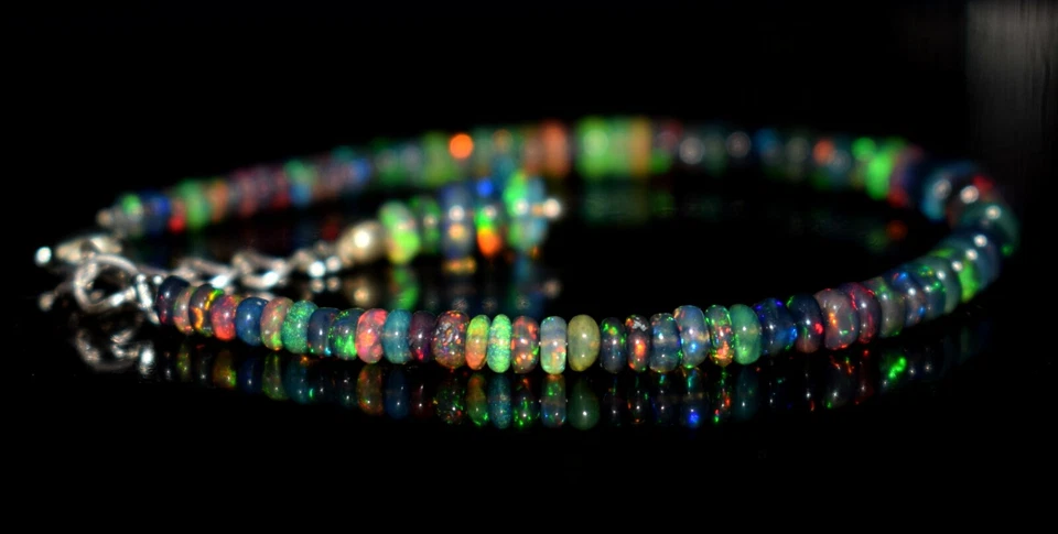 Opal Bracelet Ethiopian Black Opal Gemstone Fire Beads 7.5"Bracelet F1720 - Image 2 of 4