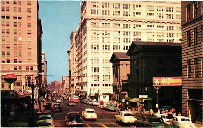 #ad Portland Oregon Busy Street Scene Chevron Busses Cars Chrome Postcard 1950s $5.99