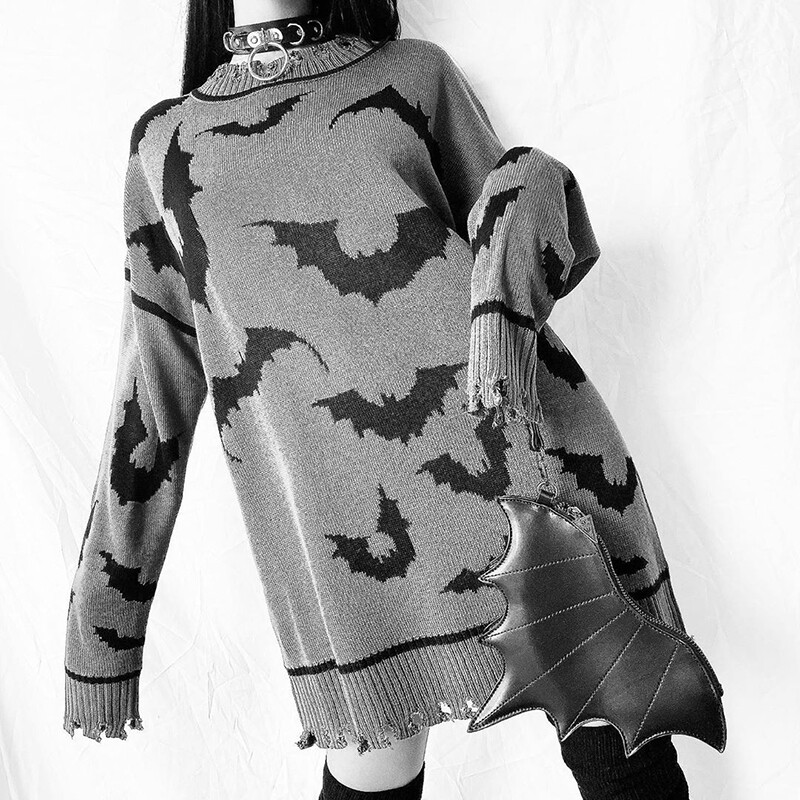 Gothic Bat Print Women Gray Sweater 